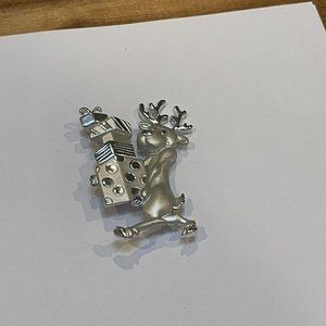 Dancraft Christmas Holiday Silver Tone Brooch Pin Reindeer With Packages